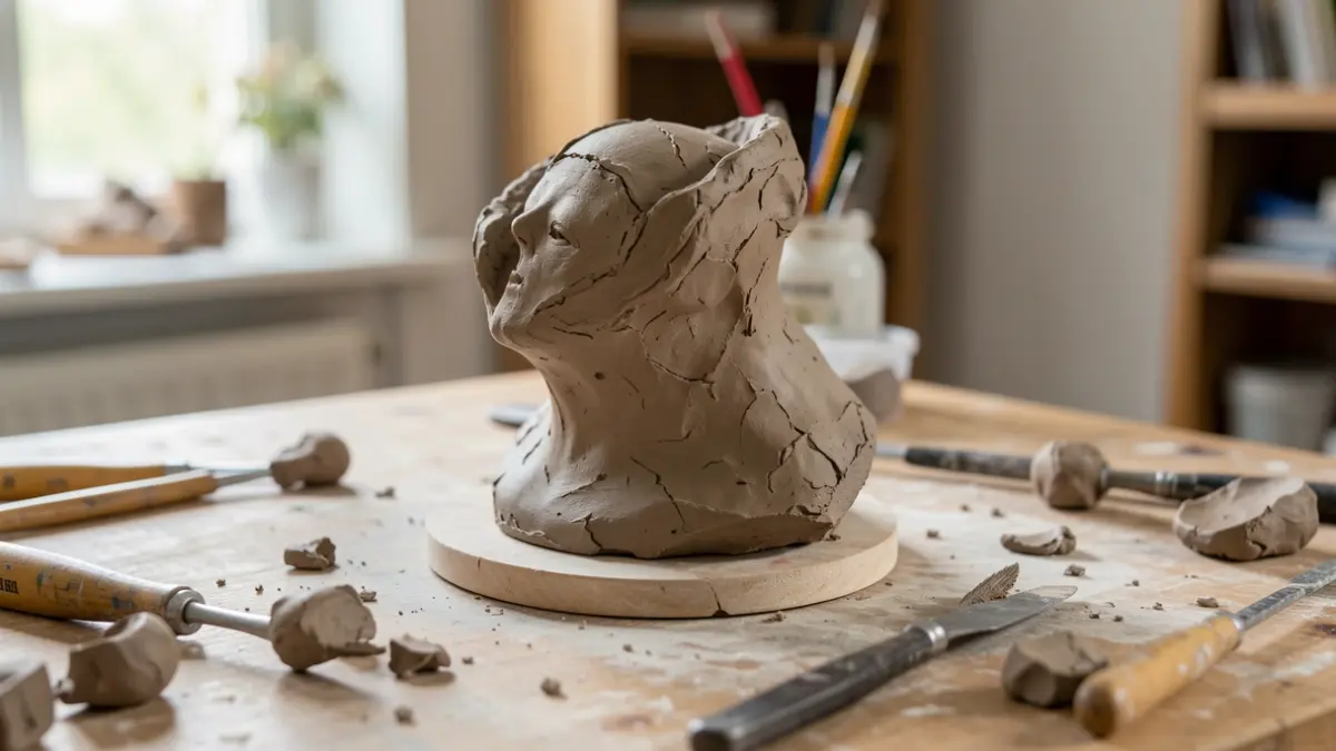 Close-up of a sculpture in progress on a workbench, with tools and clay scattered around. Soft studio lighting.