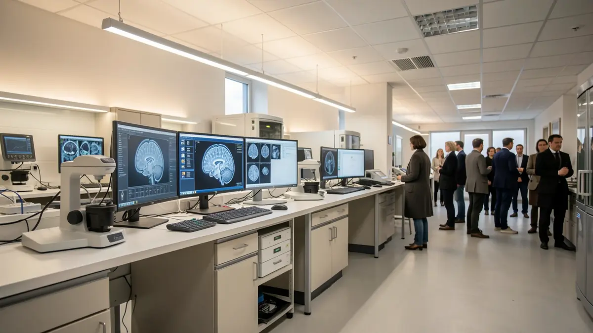 Image of a modern laboratory with diagnostic imaging equipment and screens displaying brain scans.