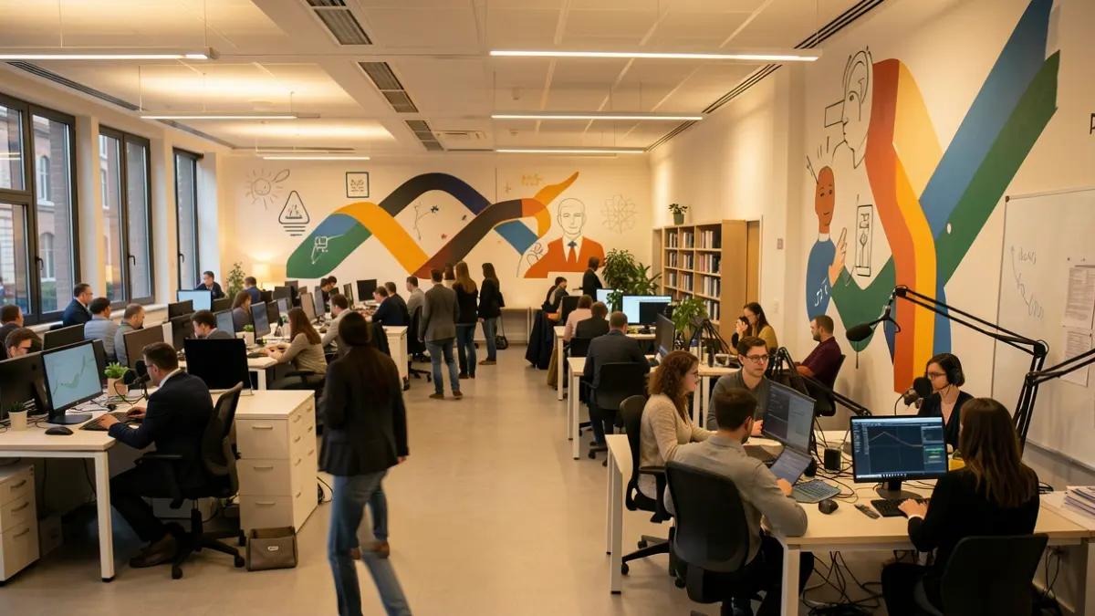 Generic image of the interior of a university institute with work rooms and murals.