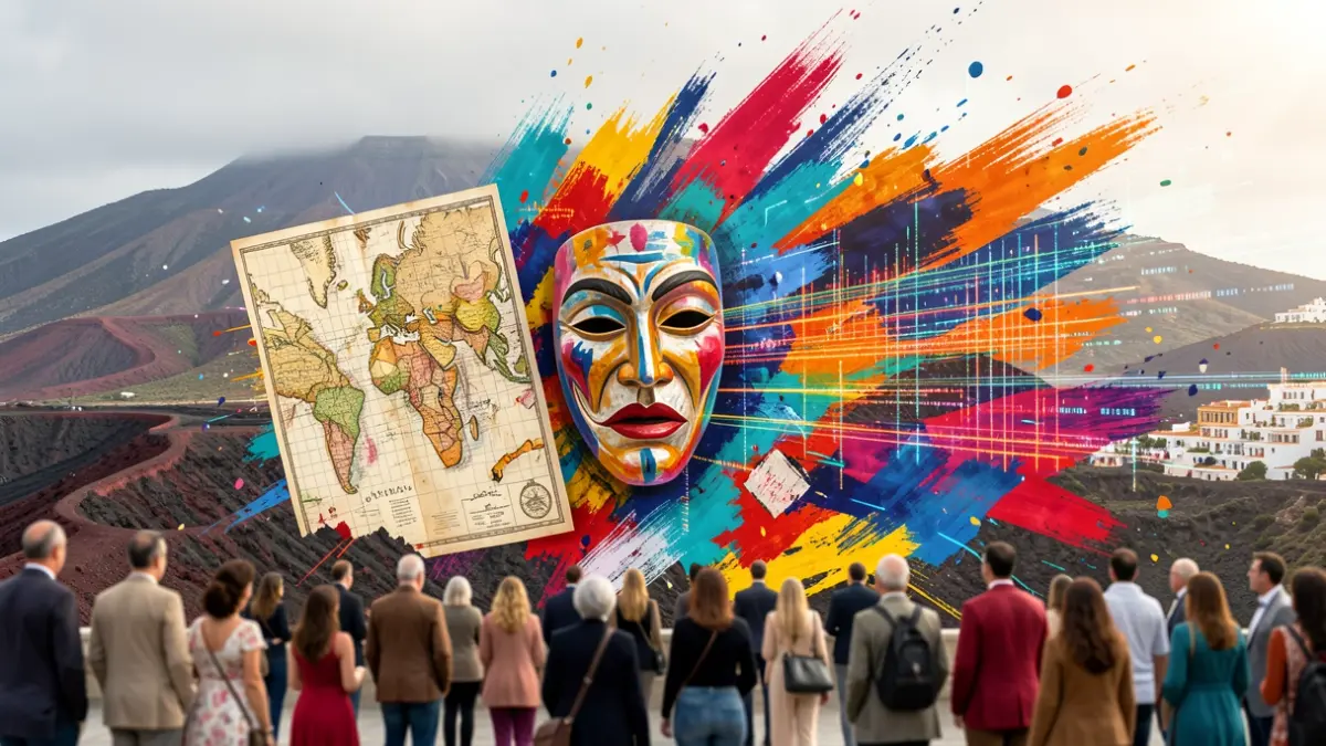 Abstract representation of diverse cultural expressions with elements of historical maps, theatrical masks, contemporary art, and digital data streams.