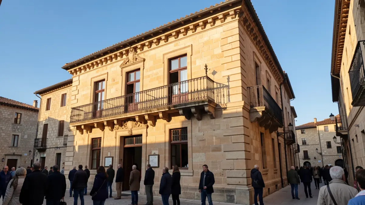 Facade of a traditional Canarias town hall with balcony and iron railings, warm afternoon light.