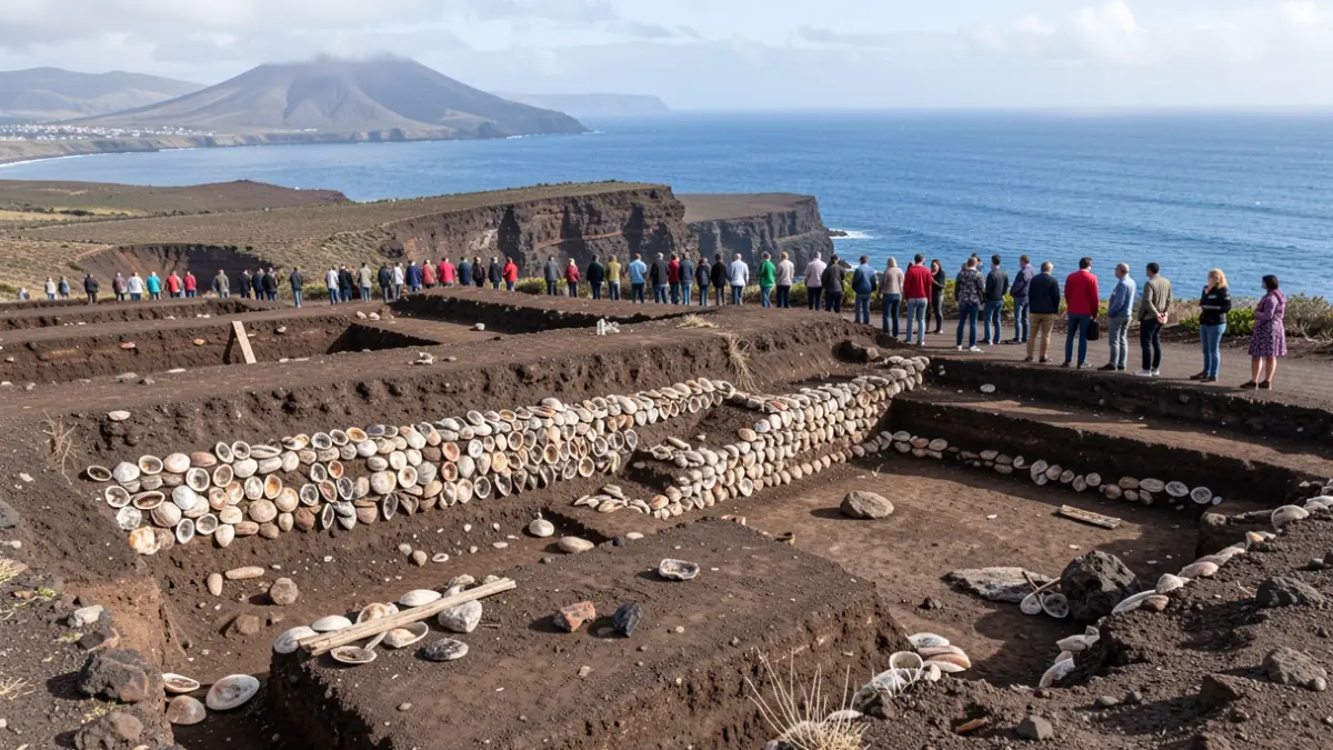 Yacimiento arqueológico en la costa de Buenavista del Norte, Tenerife, con concheros y paisaje volcánico.