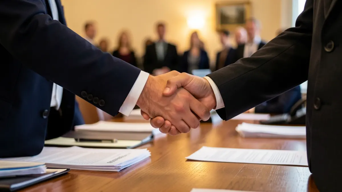 Imagen genérica de dos personas dándose la mano sobre un escritorio.