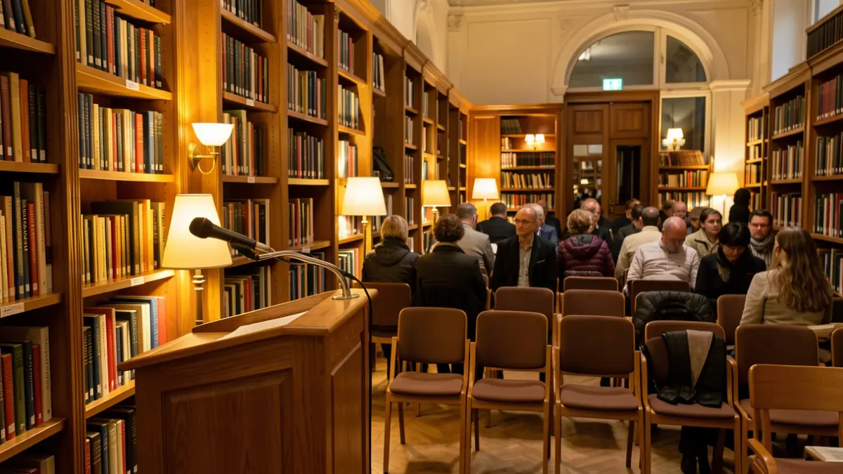 Image of an academic lecture hall with bookshelves and a podium, representing a learning environment.