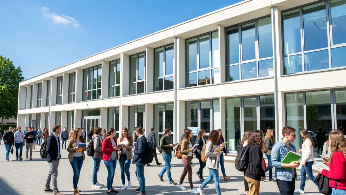 Generic image of a modern university building with students.