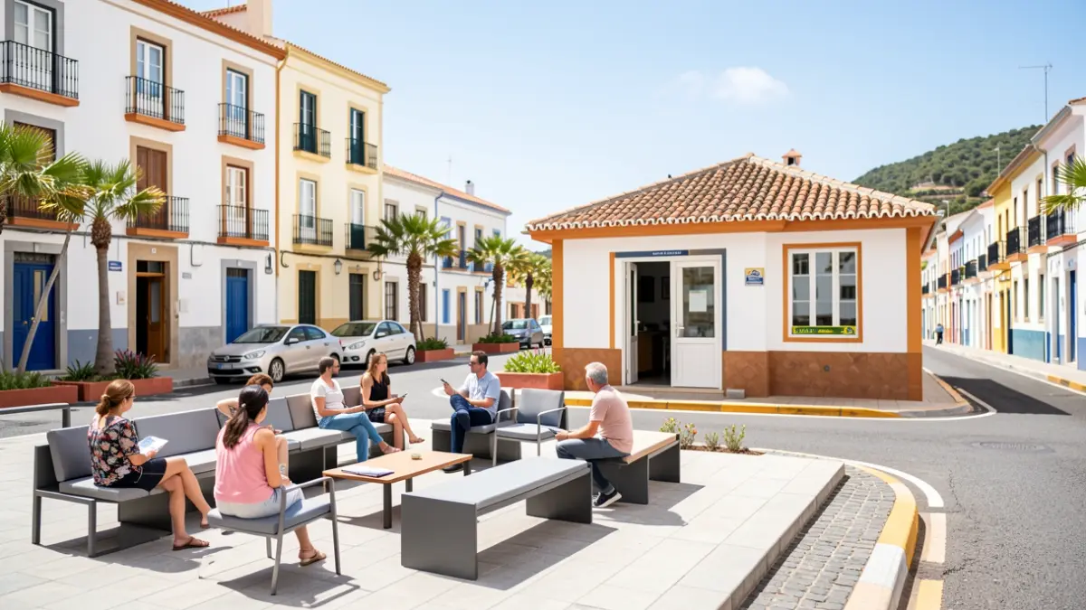 Plaza renovada en La Victoria de Acentejo con zona de estancia vecinal y local para taxis.