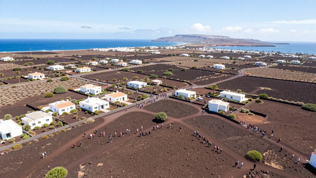 Aerial view of a typical volcanic landscape in Lanzarote with white houses.