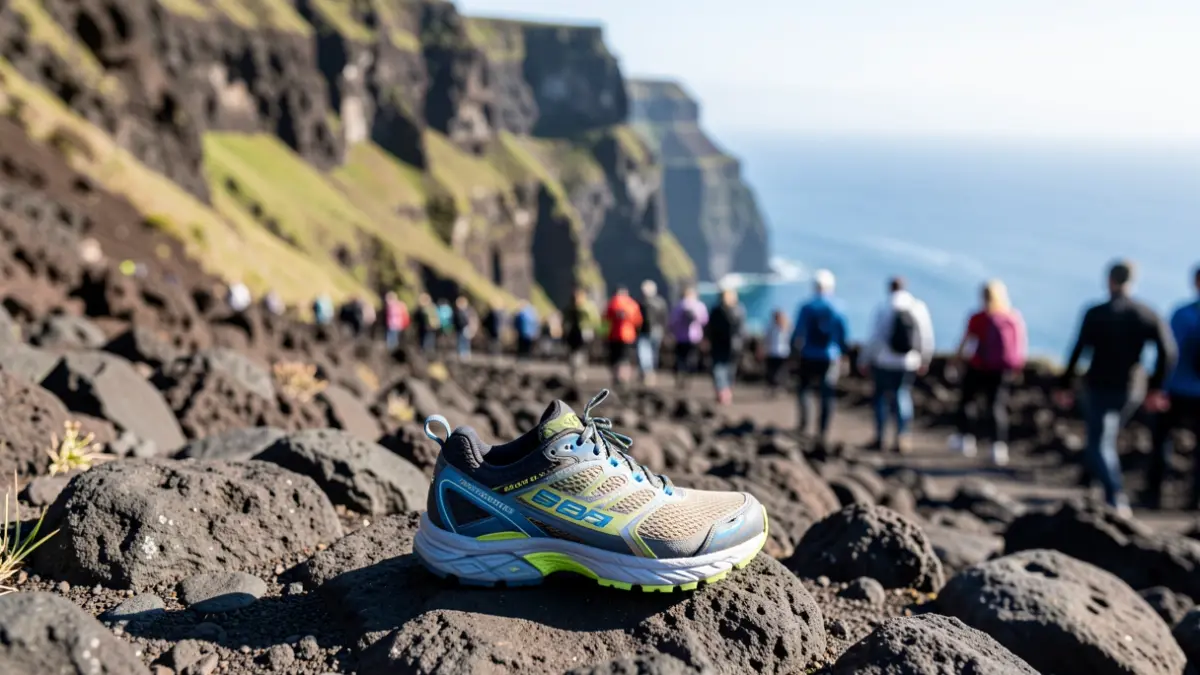 Image of a trail running shoe on a volcanic trail in Lanzarote.