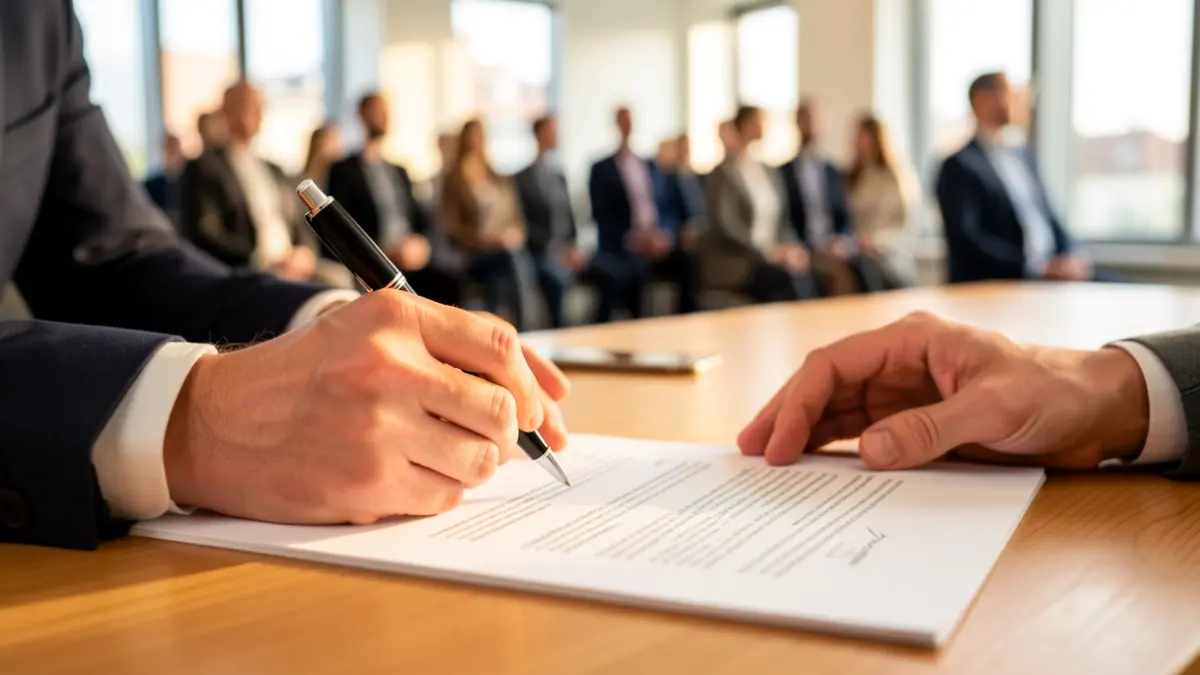 Imagen genérica de una firma de documentos legales en un entorno de oficina.
