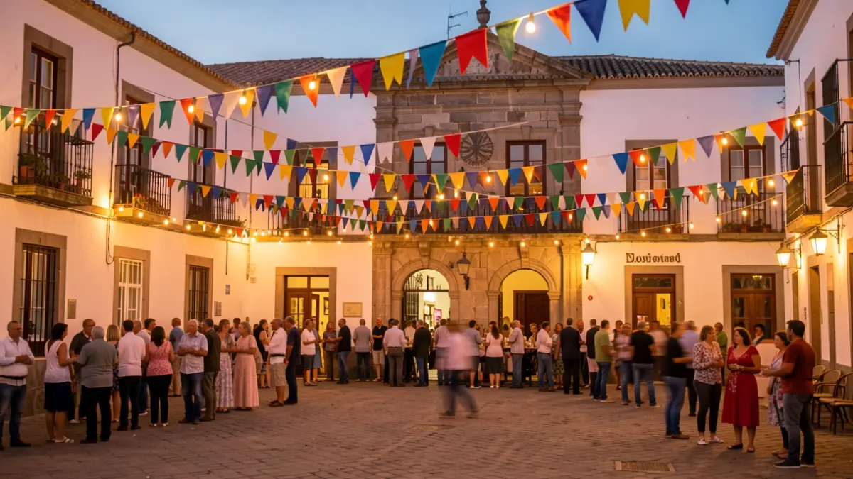 Canarian neighborhood square decorated for a local festival with a festive atmosphere.