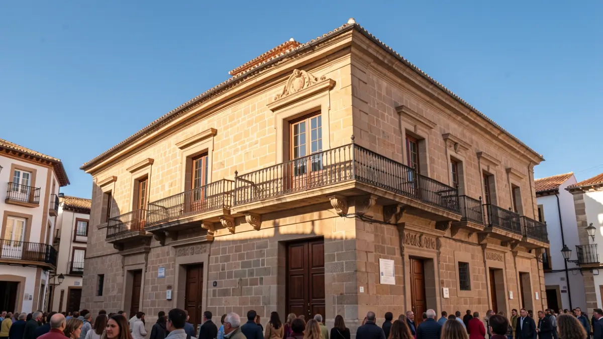 Facade of a traditional Canarian town hall with balcony and iron railings, afternoon sunlight.