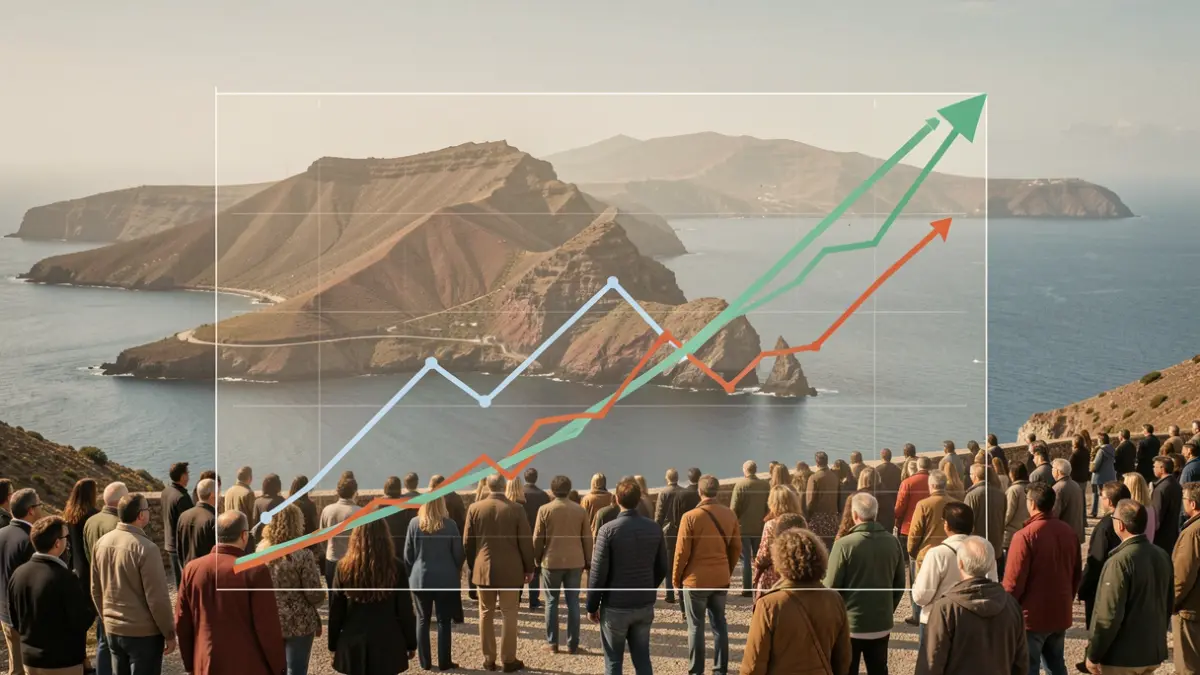 Abstract representation of import and export graphs over a Canary Islands volcanic landscape.