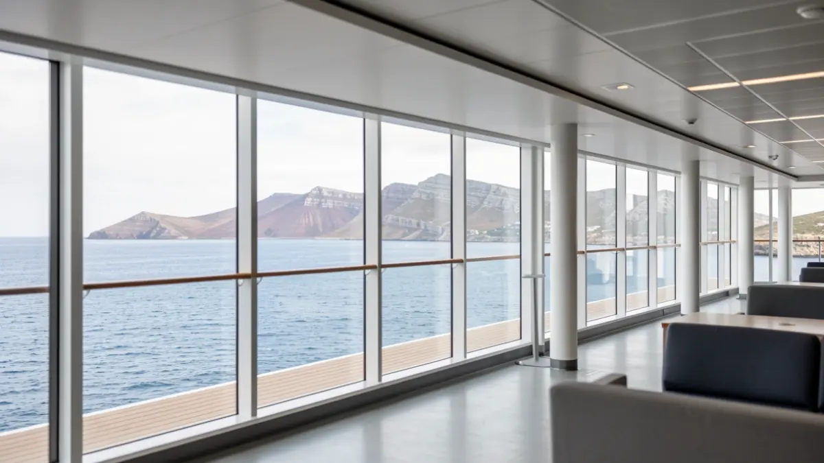 Generic image of a modern cruise terminal with views of the volcanic landscape of the Canary Islands.