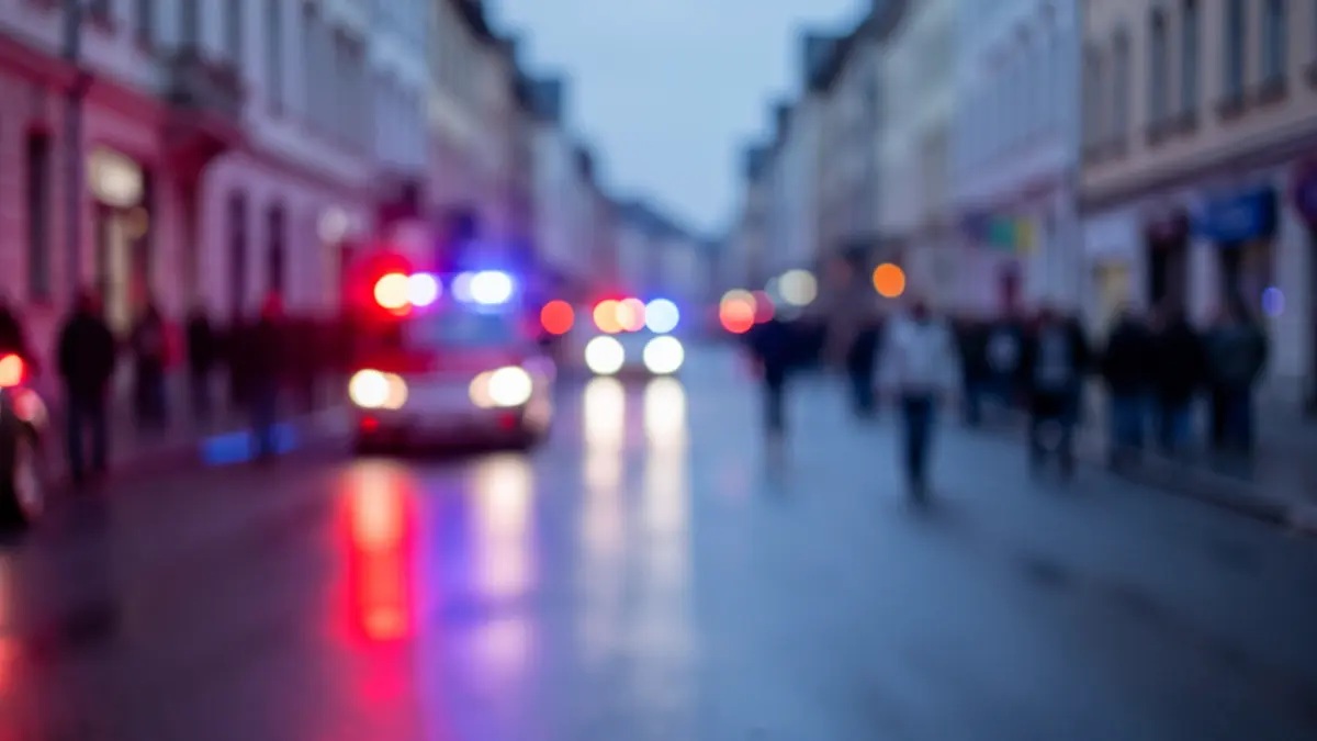 Imagen genérica de luces de emergencia reflejándose en asfalto mojado en una ciudad.