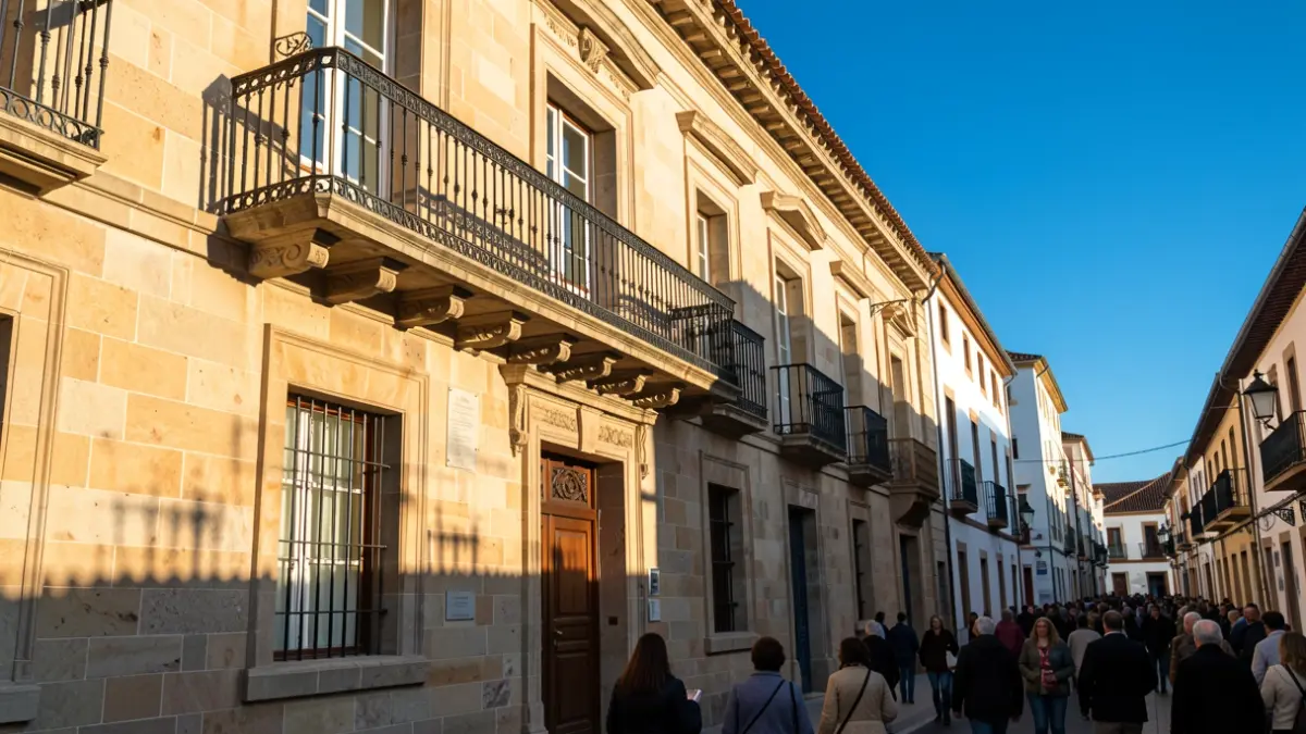 Stone facade of a Canarias town hall with ornate balcony and iron railings, warm afternoon sunlight.