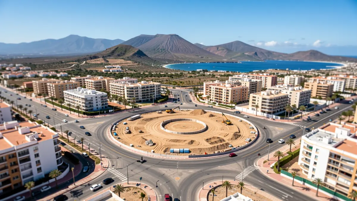 Vista aérea de una obra en Las Palmas de Gran Canaria con una rotonda en construcción.