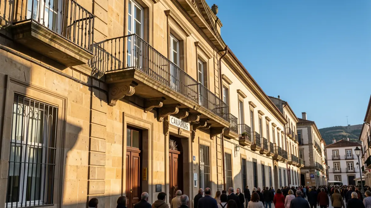 Stone facade of a Canarias town hall with ornate balcony and iron railings, warm afternoon sunlight casting shadows on the sandstone walls, blue sky.