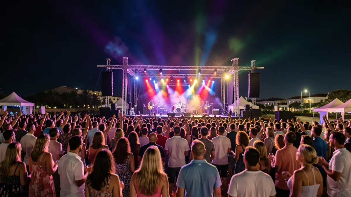 Generic image of an outdoor music festival at night in Lanzarote, with lights and crowd.