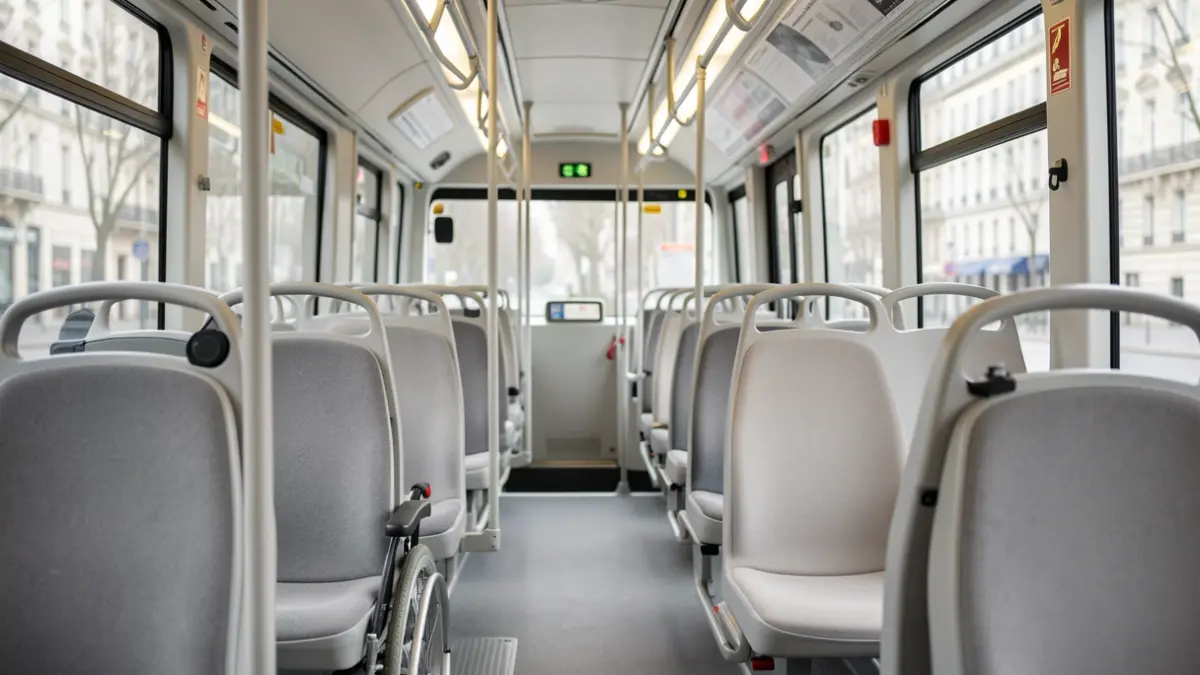 Generic image of an adapted bus interior with seating for disabled individuals and the elderly.