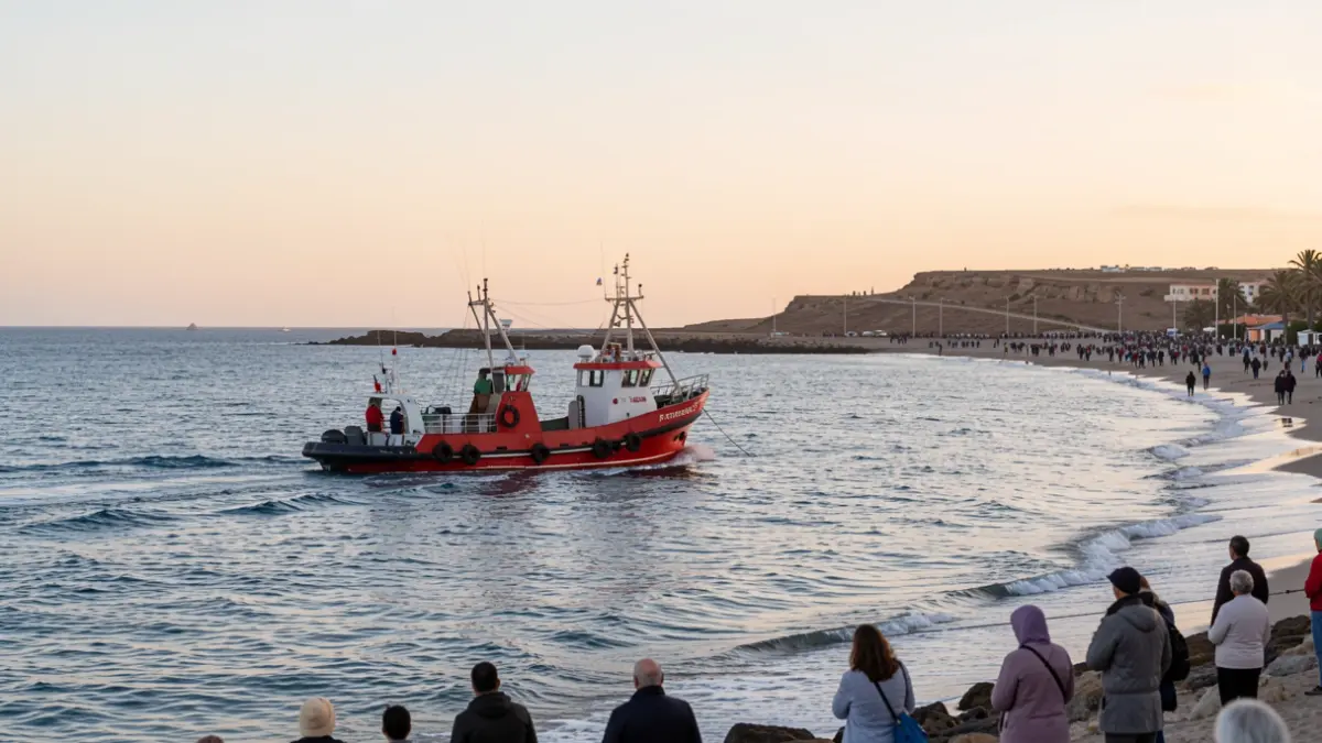 Fishing boat arriving at Fuerteventura with migrants on board, accompanied by a rescue vessel.