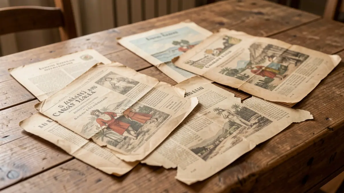 Old festival programs from the Canary Islands on a wooden table.