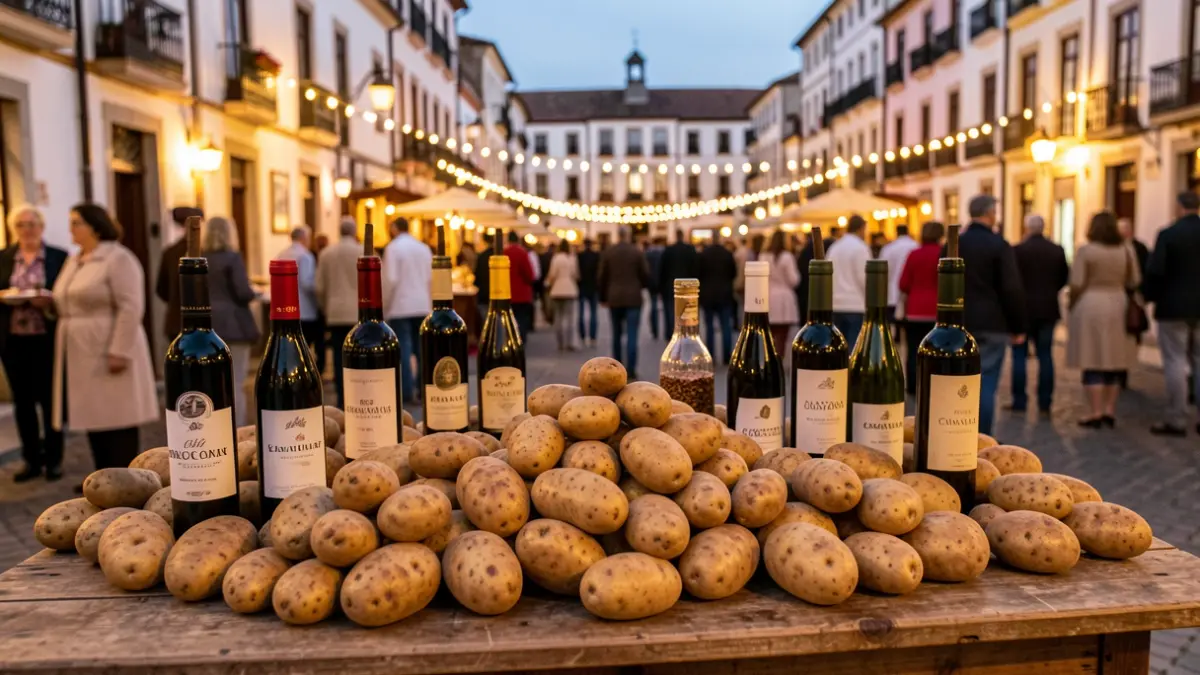 Imagen genérica de una muestra gastronómica con papas y vinos.