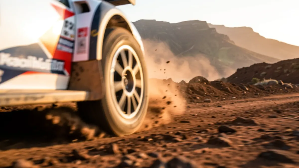 Imagen genérica de un coche de rally en un tramo de tierra con paisaje volcánico.