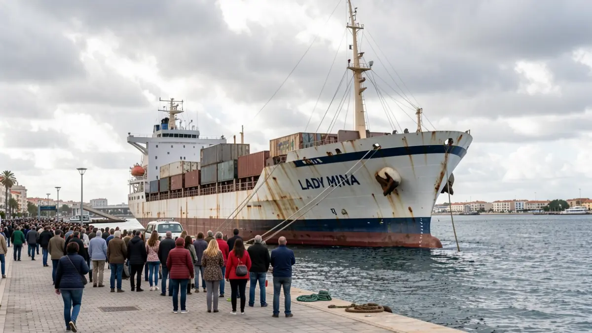 Image of the cargo ship 'Lady Mina' docked in the Port of Las Palmas, appearing abandoned.