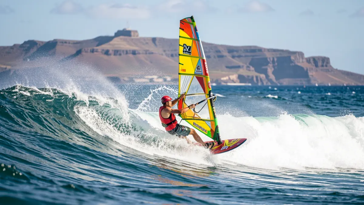 Windsurfista realizando una maniobra radical en una ola en Pozo Izquierdo, Gran Canaria.