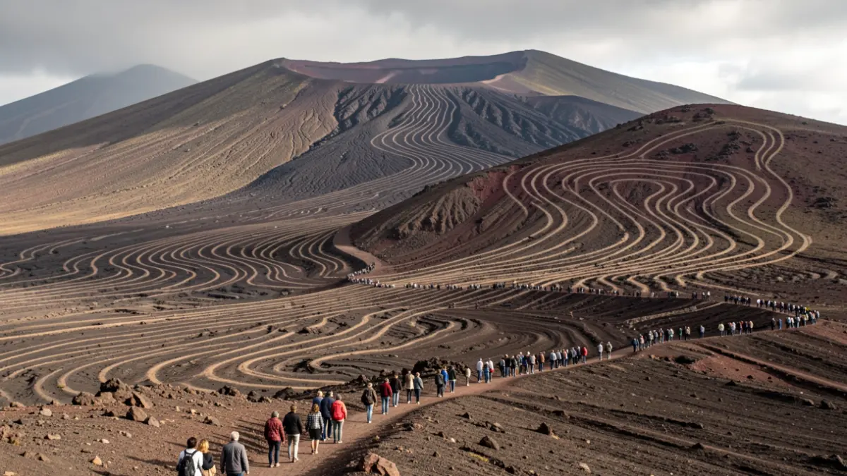 Volcanic landscape of Las Cañadas del Teide with integrated seismic wave patterns.
