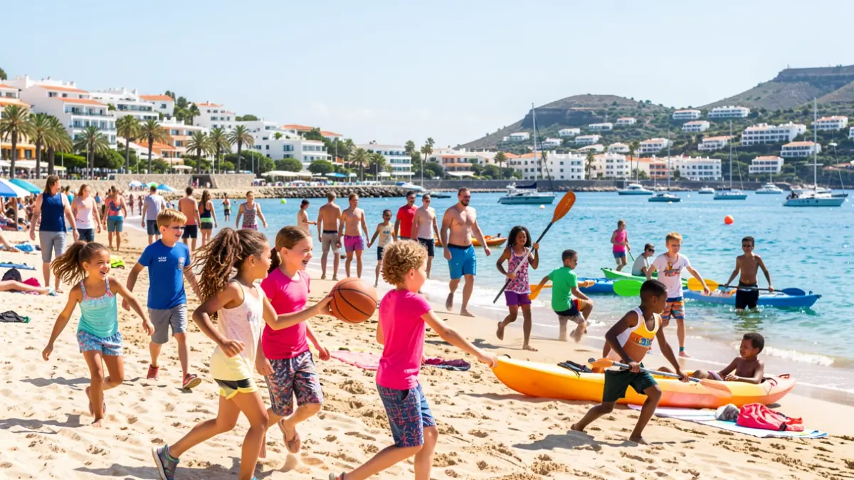 Niños disfrutando de campus multideportivos de verano en Agüimes, practicando fútbol, baloncesto y kayak.