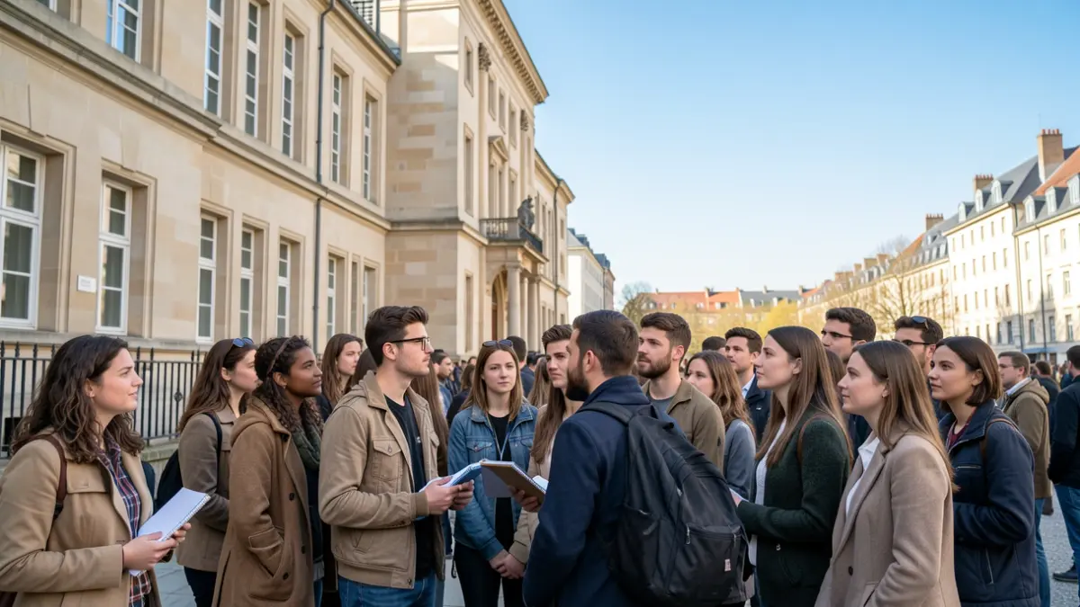 Generic image of university students in front of a building.