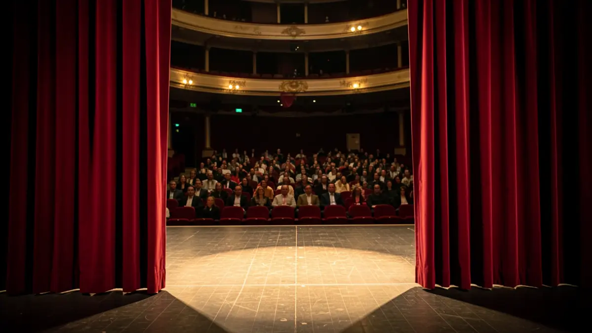 Interior d'un escenari de teatre amb cortines vermelles i seients buits.