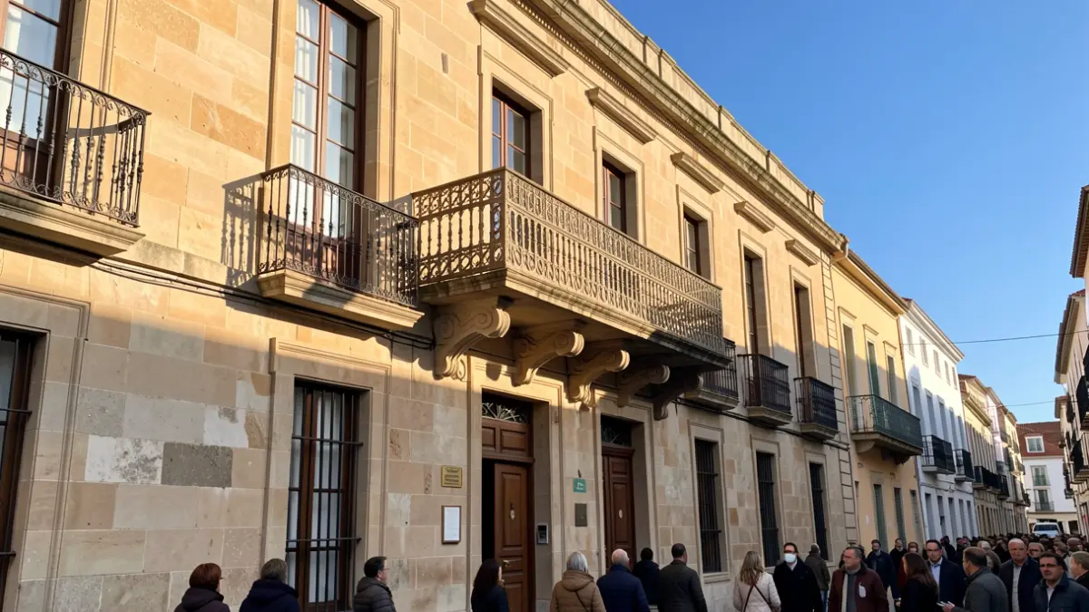 Facade of a Canarias town hall with stone balcony and iron railings, afternoon light.