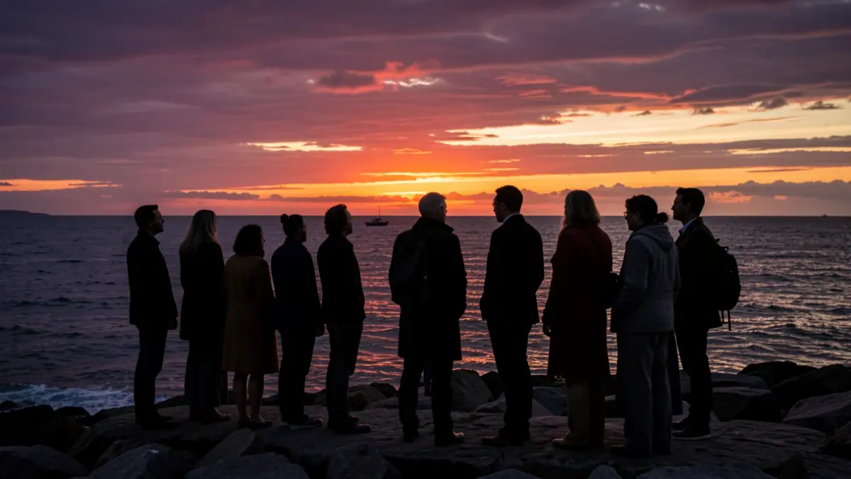 Generic image of migrants on the coast at sunset.