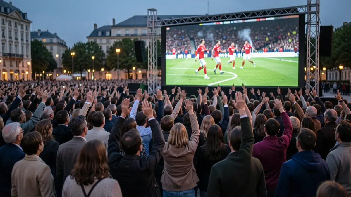 Generic image of a crowd watching a football match on a giant screen at dusk.