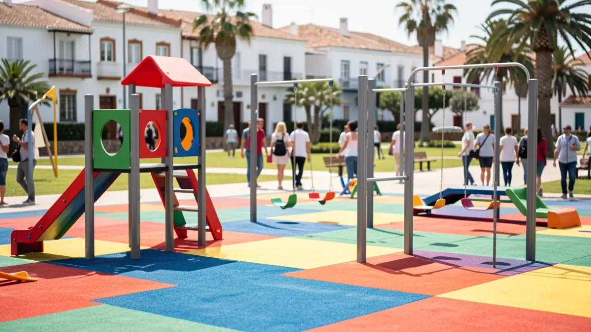 Imagen de un parque infantil renovado con suelo de caucho y juegos modernos en Mogán.