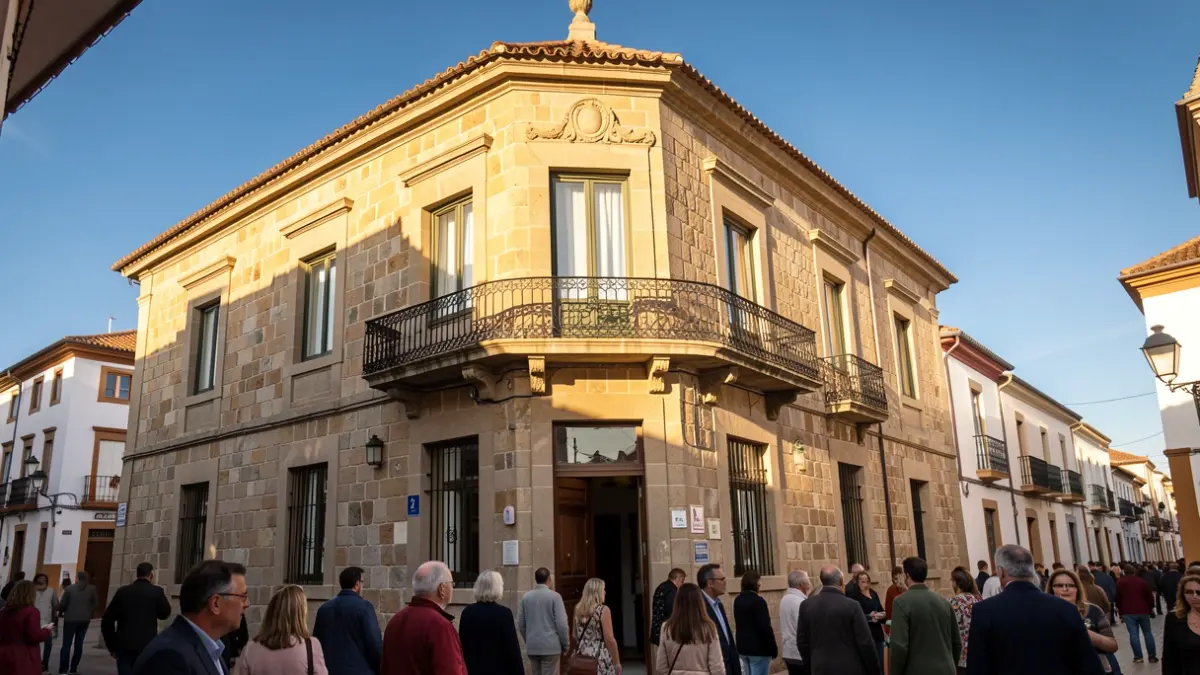 Fachada de piedra de un ayuntamiento canario con balcón de hierro forjado bajo la luz del sol.