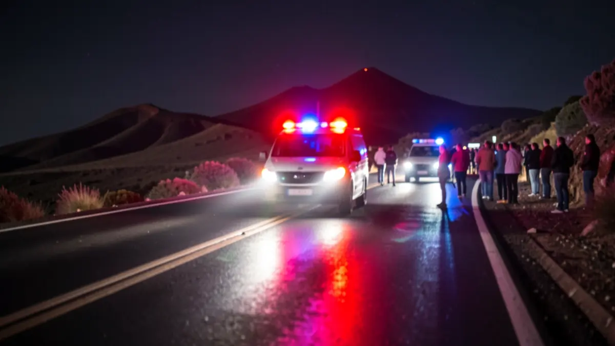 Luces de emergencia rojas y azules reflejándose en el asfalto mojado de una carretera de montaña en Gran Canaria.