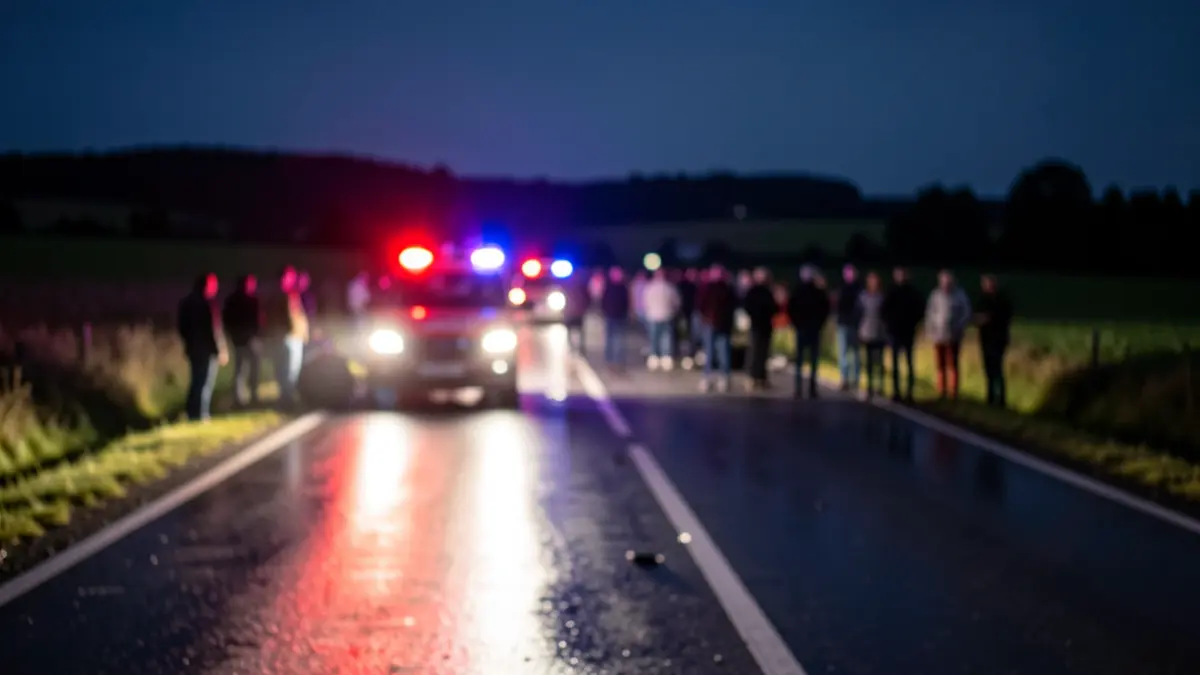 Imagen genérica de luces de emergencia en carretera mojada por la noche.