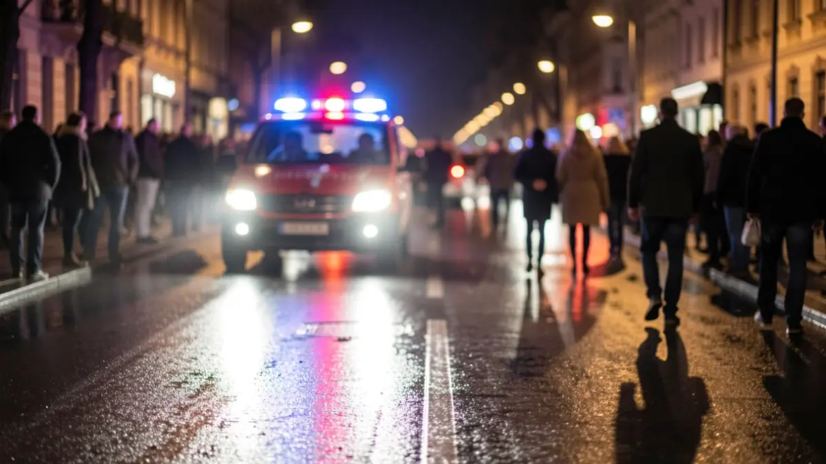 Imagen genérica de luces de emergencia reflejándose en asfalto mojado por la noche.