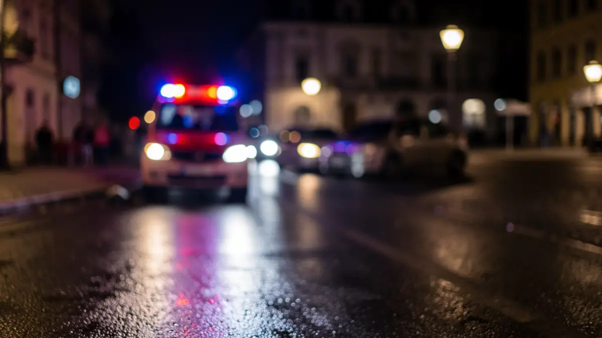 Generic image of emergency lights on wet asphalt at night.