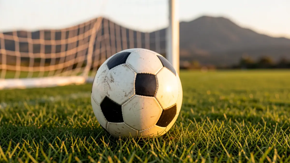 Imagen genérica de un balón de fútbol en un campo con la red de fondo, con un paisaje volcánico canario difuminado.