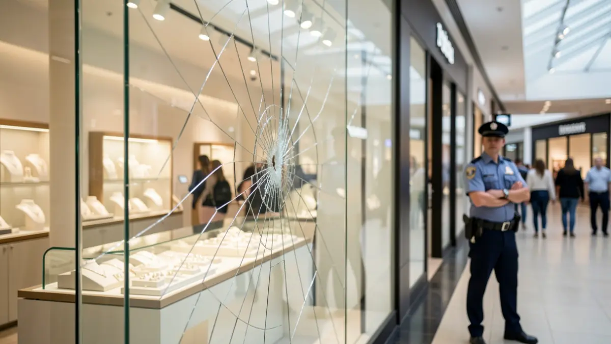 Escaparate roto de una joyería en el centro comercial El Mirador tras un atraco.