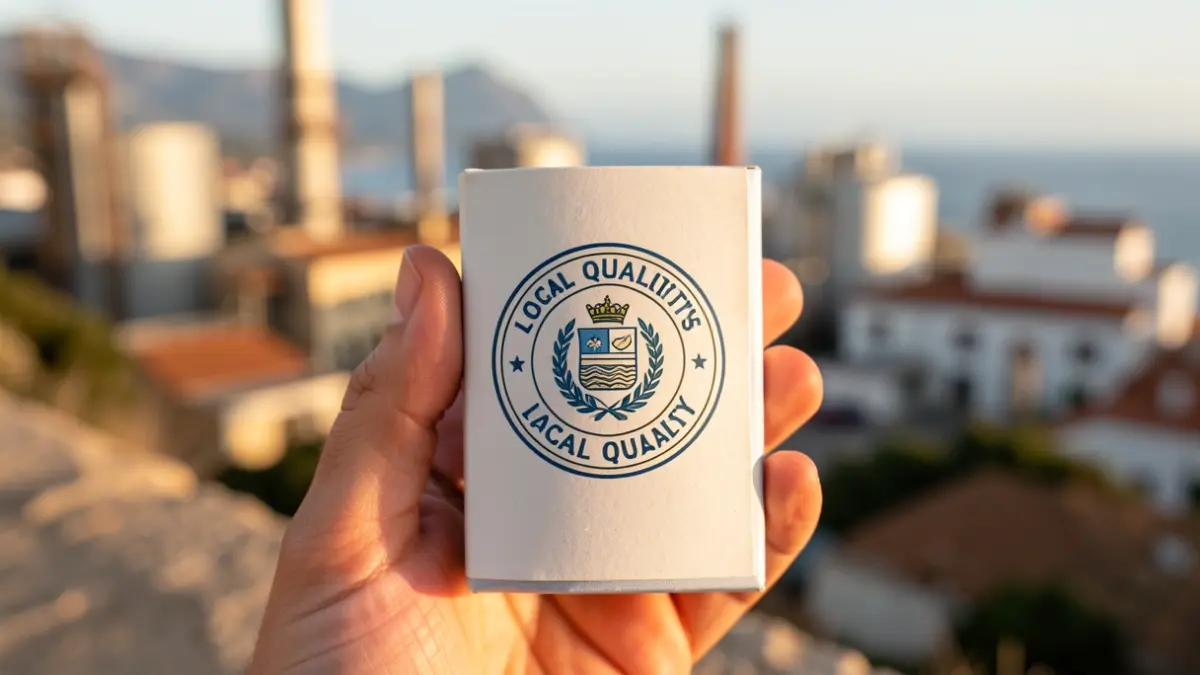 Imagen genérica de un producto con sello de calidad local en un entorno industrial.