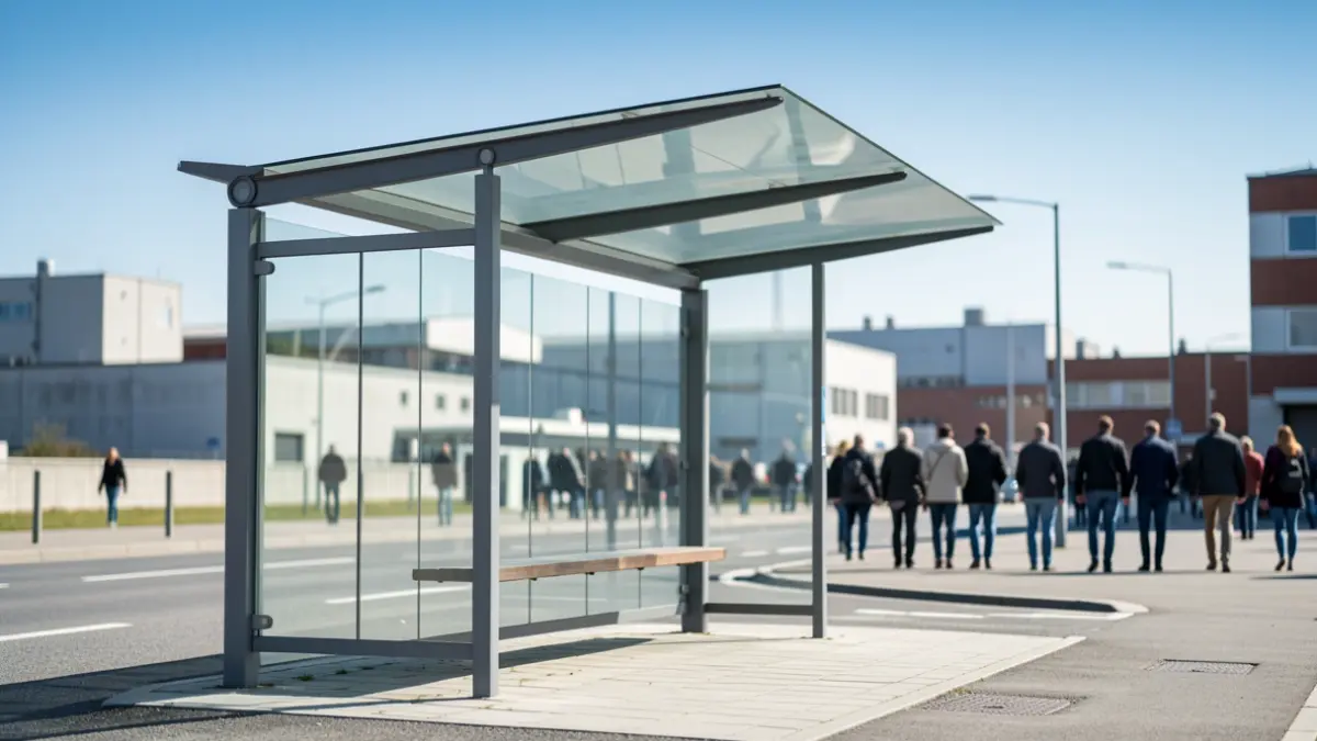 Generic image of a modern bus stop in an industrial park.