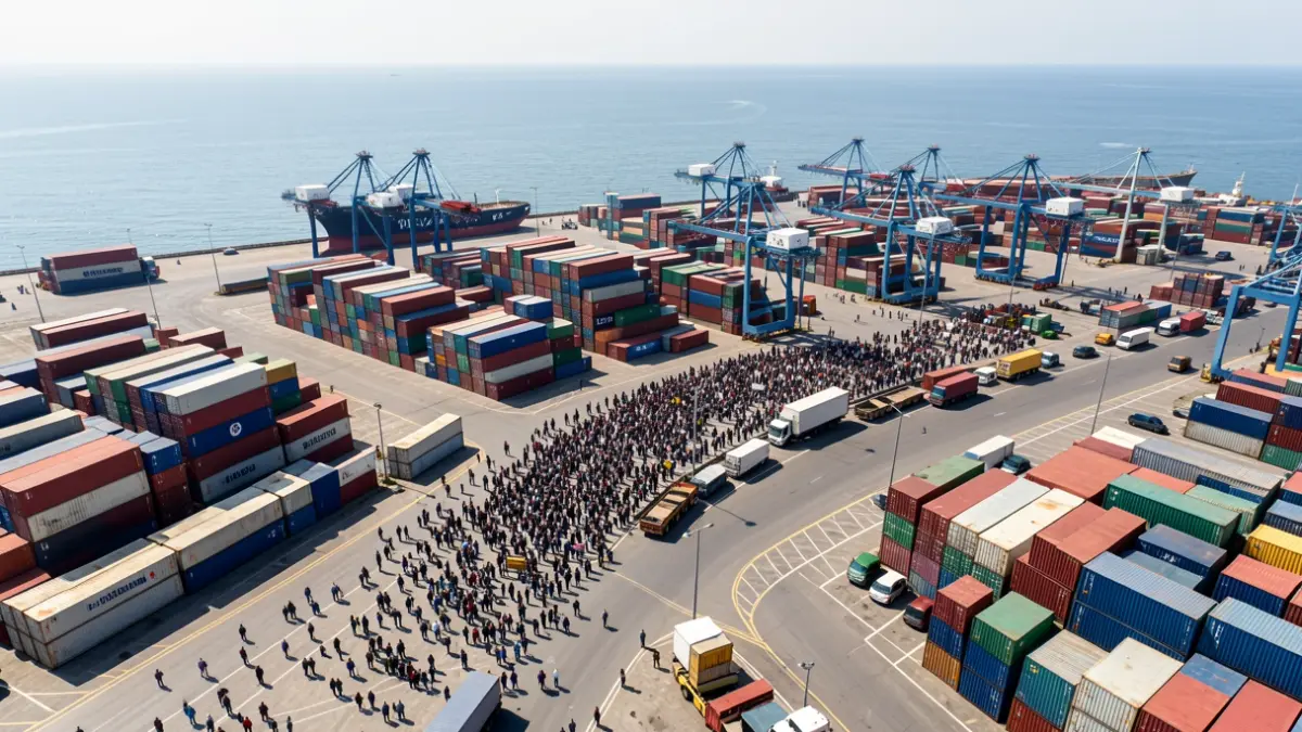 Vista aérea de una zona portuaria industrial con contenedores y grúas.