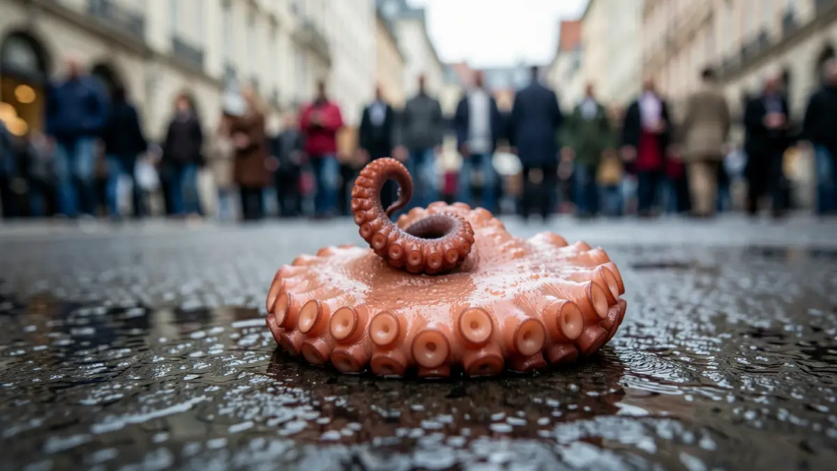 Primer plano de un tentáculo de pulpo sobre una superficie oscura y húmeda.