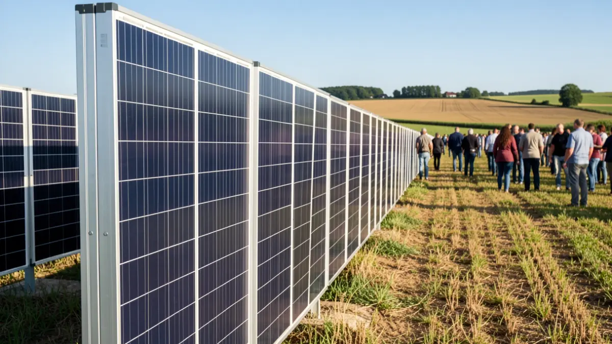 Vertical solar panel installation in an agricultural field.