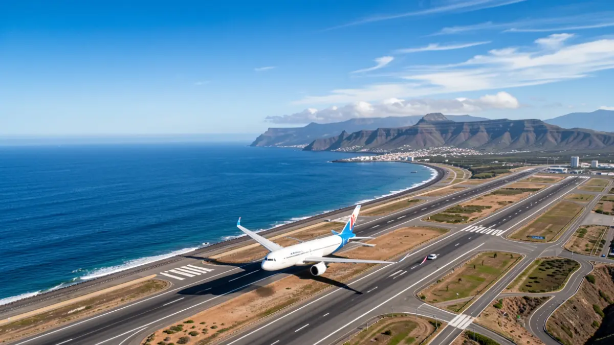 Vista aérea de la costa de Tenerife con un avión despegando, simbolizando nuevas rutas aéreas.